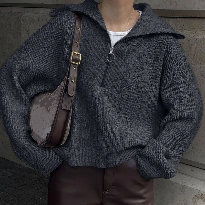 Übergroßer Strickpullover mit Reißverschlussdetail – weicher und stylischer Pullover für Damen (V-Ausschnitt, lange Ärmel, bequeme Passform, mehrere Farben)_voghion.com