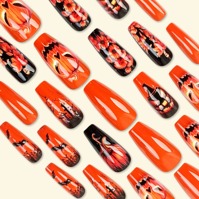 24 Stück Halloween-Nägel – Abnehmbare künstliche Nägel mit gruseligem Kürbis- und Blumendesign – Kleberfreie tragbare Nagelaufkleber für Frauen, Halloween-Dekoration_voghion.com