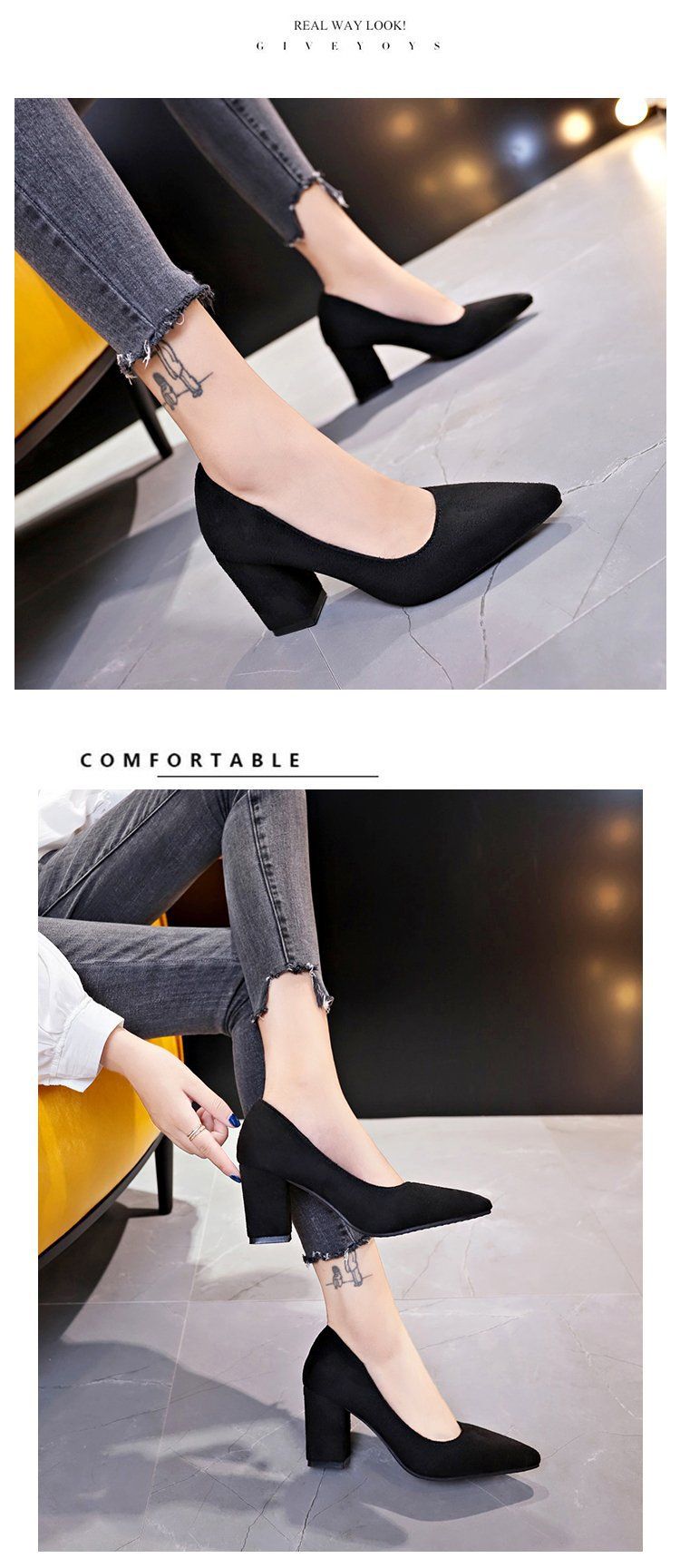 Zapatos de mujer de tacón alto de gamuza de gran tamaño, con tacón grueso, boca poco profunda y puntiagudos, de moda_voghion.com