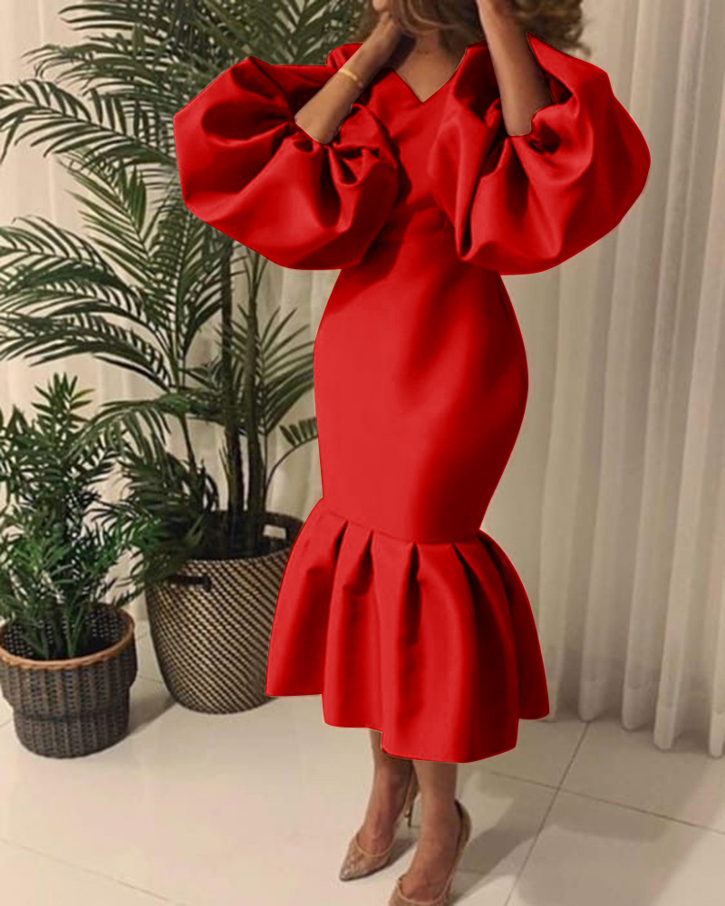 Vestido de sirena con falda de manga larga y escote en V de color liso a la moda para mujer_voghion.com