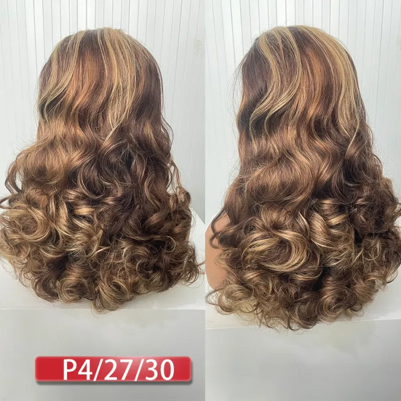 100 menschliches Haar Dichte Highlight Ombre Doppel Gezogen Bouncy Body Wave Perücken Volle Fumi Weben Wellig Haar Spitze_voghion.com