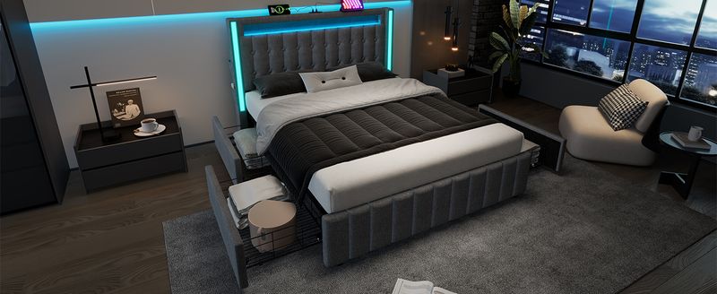 Lit double avec rangement et lattes en bois, chargement USB Type-C, éclairage LED et 4 tiroirs, gris (matelas non inclus). Lit enfant 140 x 200 cm._voghion.com
