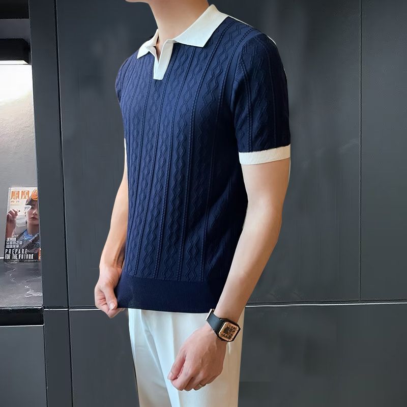 Männerkleeder Summerpoloshirt fir Männer, villsäitegt britescht, schlank gestrickt, kuerzärmlech, reverséiert T-Shirt mat Retro-Nähten a Kontrastfaarwen_voghion.com