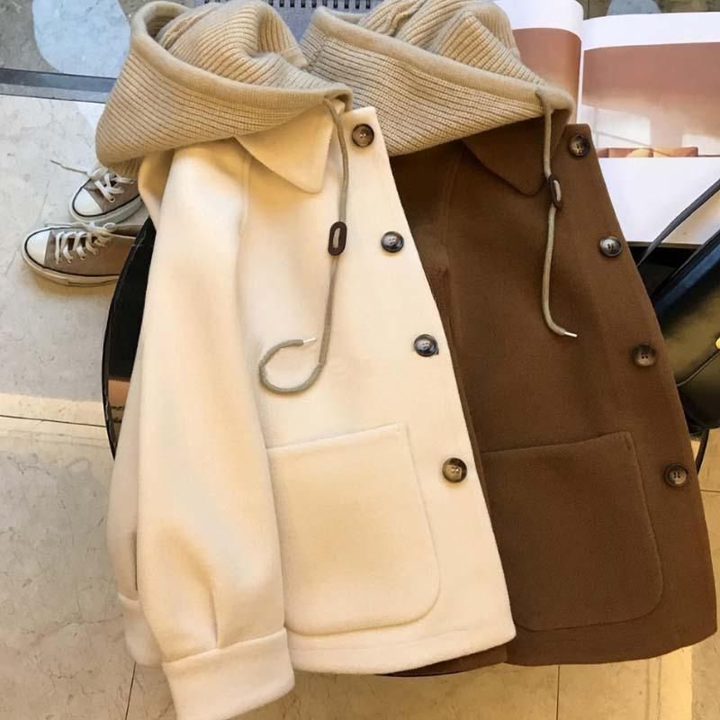 Płaszcz z wełny z kapturem i patchworkowym wzorem plus-size dla kobiet – oversize'owa kurtka inspirowana stylem vintage (2 kolory)_voghion.com