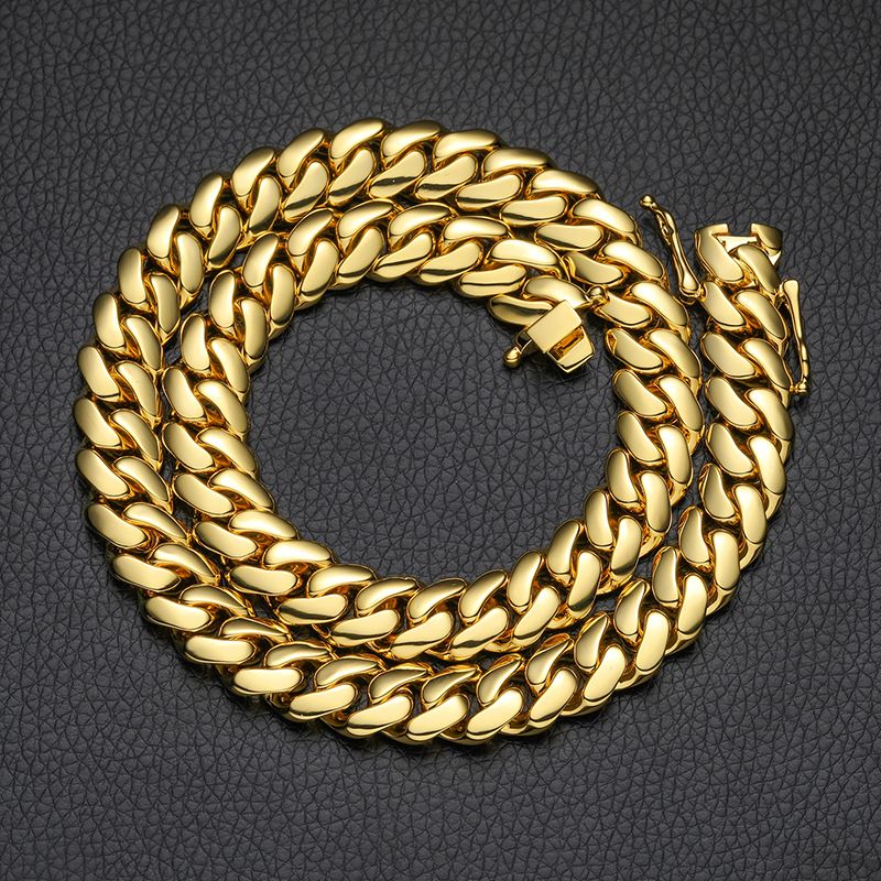 Men's Jewelry 10/12/14/16/18/20/22mm Width Smooth Large Cuban Chain Copper Plated Real Gold Butterfly Buckle Necklace_voghion.com