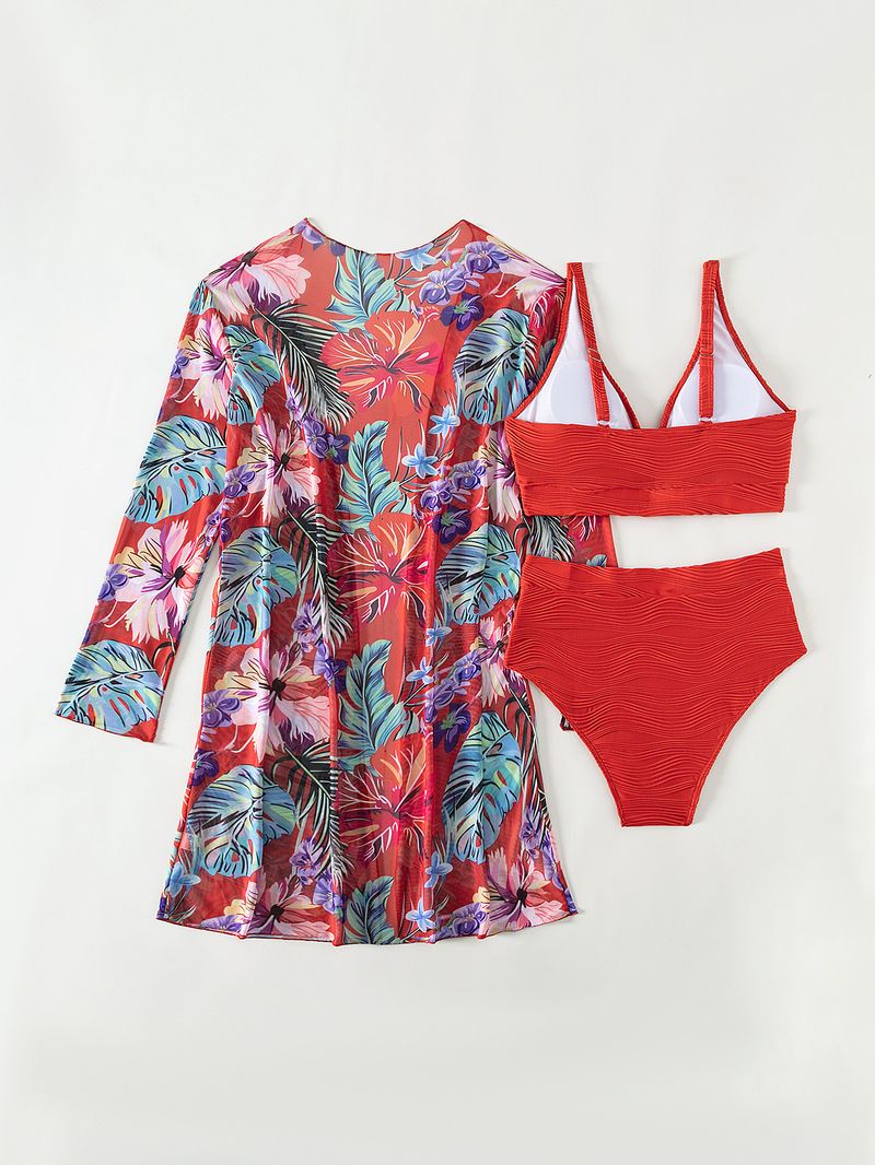 costume da bagno in tre pezzi diviso da donna a maniche lunghe bikini celebrità di Internet a vita alta tinta unita_voghion.com