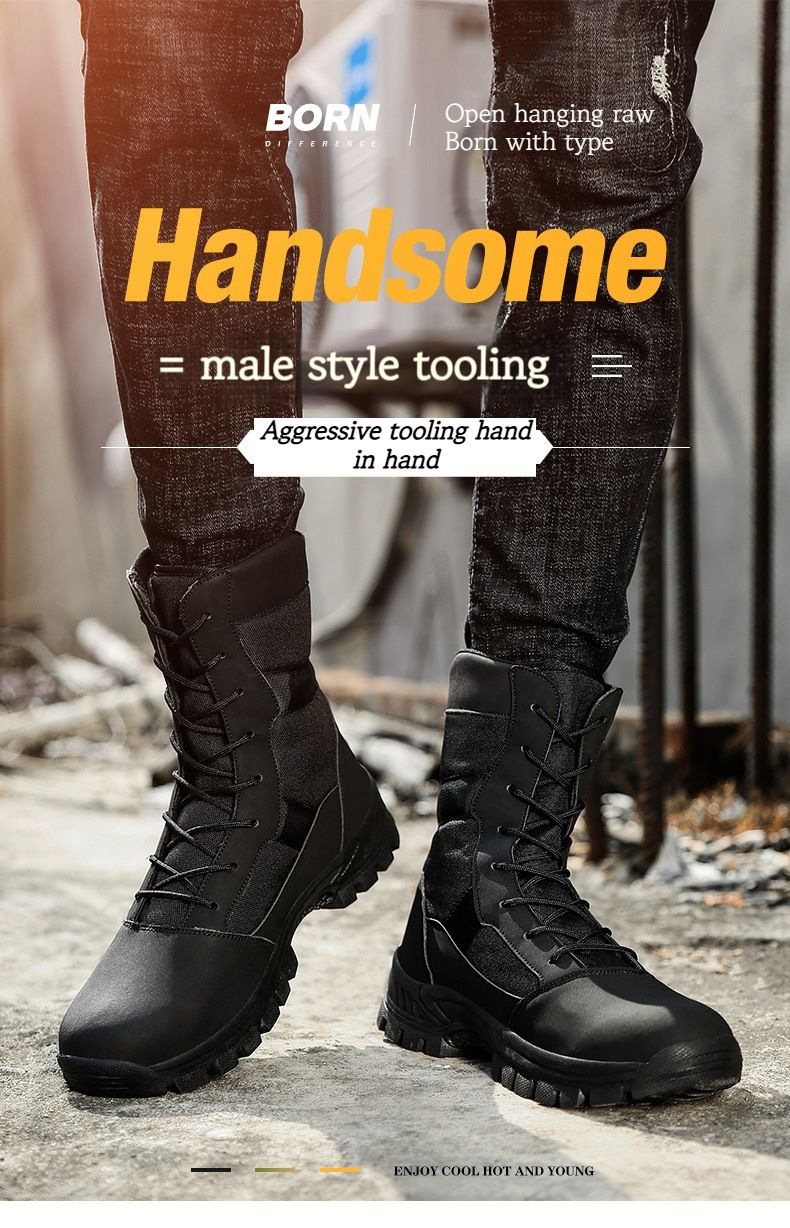 Stivali militari da esterno antiscivolo alla moda alti Stivali da combattimento resistenti all'usura Stivali da lavoro impermeabili alla moda con lacci_voghion.com