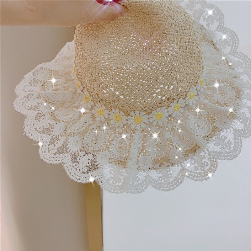 Chapeau de paille de plage pour enfants, mode, été, princesse, dentelle, protection solaire_voghion.com