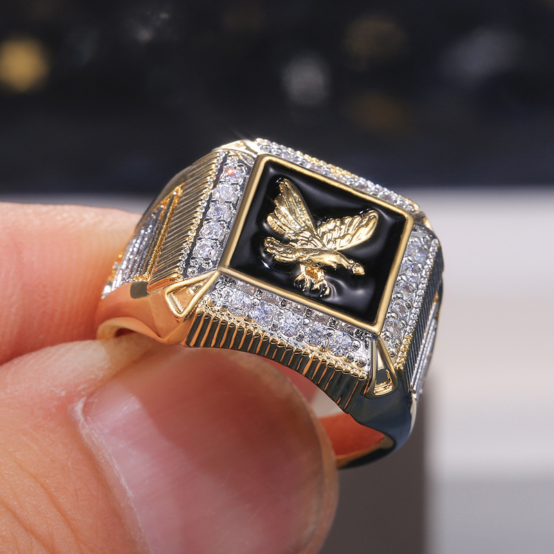 Men's Jewelry Electroplated Eagle Surrounding Diamond Ring Gold Plated Ring_voghion.com