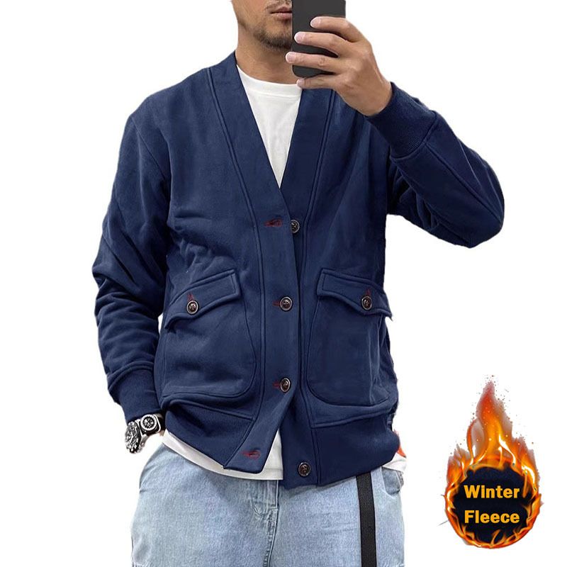 ActiveGo ActiveGo Commercio Estero Autunno Inverno Nuovo Pile Ispessito Europeo e Americano Giacca con Scollo a V da Uomo Cardigan Retrò alla Moda_voghion.com