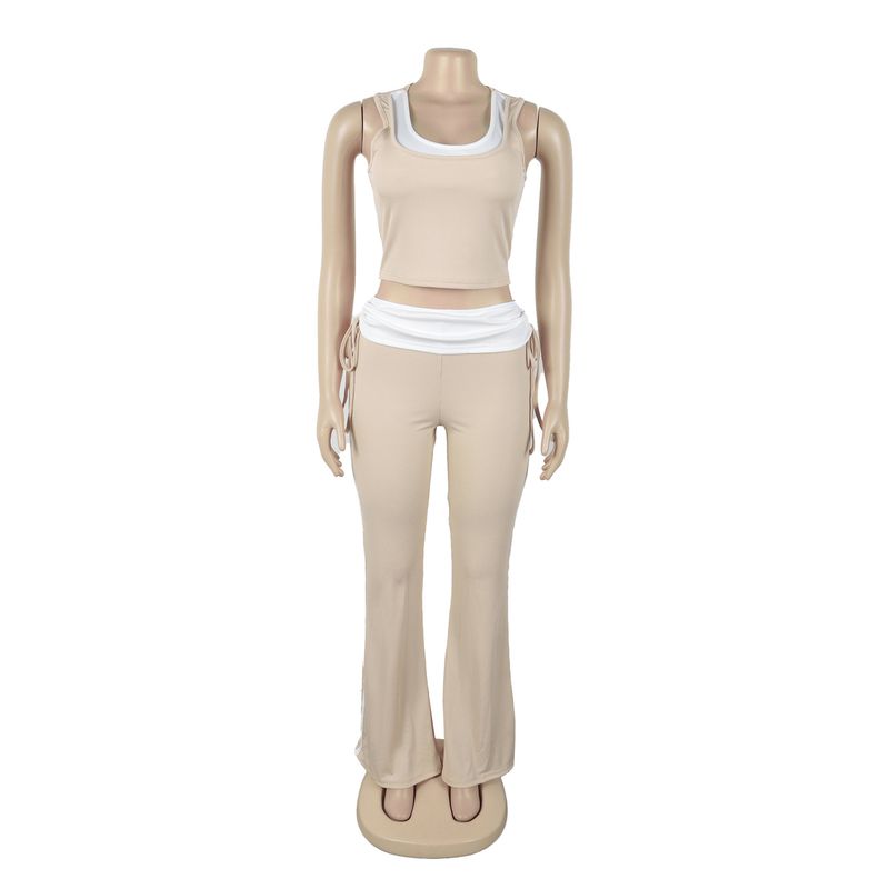 Women's Clothing Casual Elastic Stitching Contrast Color Ribbed Sleeveless Vest Trousers Two Pieces_voghion.com