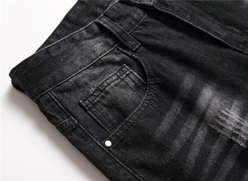 Men's Clothing Stock Summer Black Casual Youth Trousers Non Elastic Mid Waist Multi Hole Straight Jeans_voghion.com