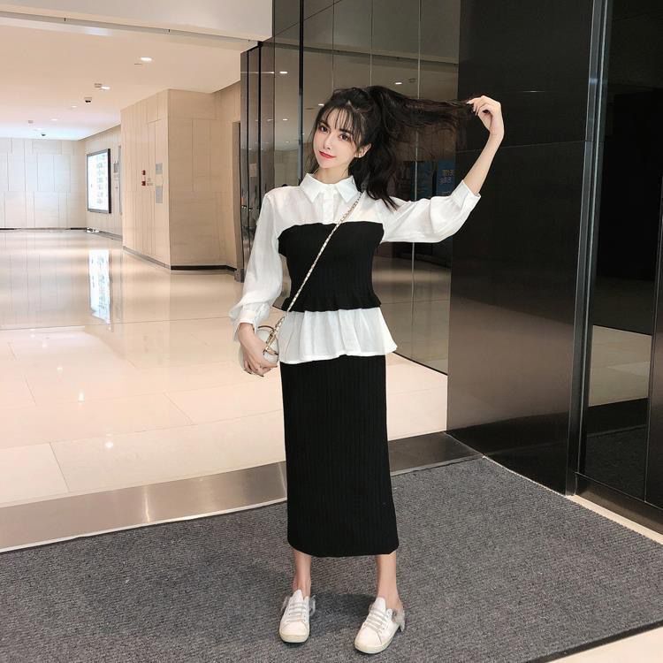 Vrouwen Slim Fashion Gebreide Onderkant Trui Jurk Tweedelig Pak Rok Studentenpak_voghion.com