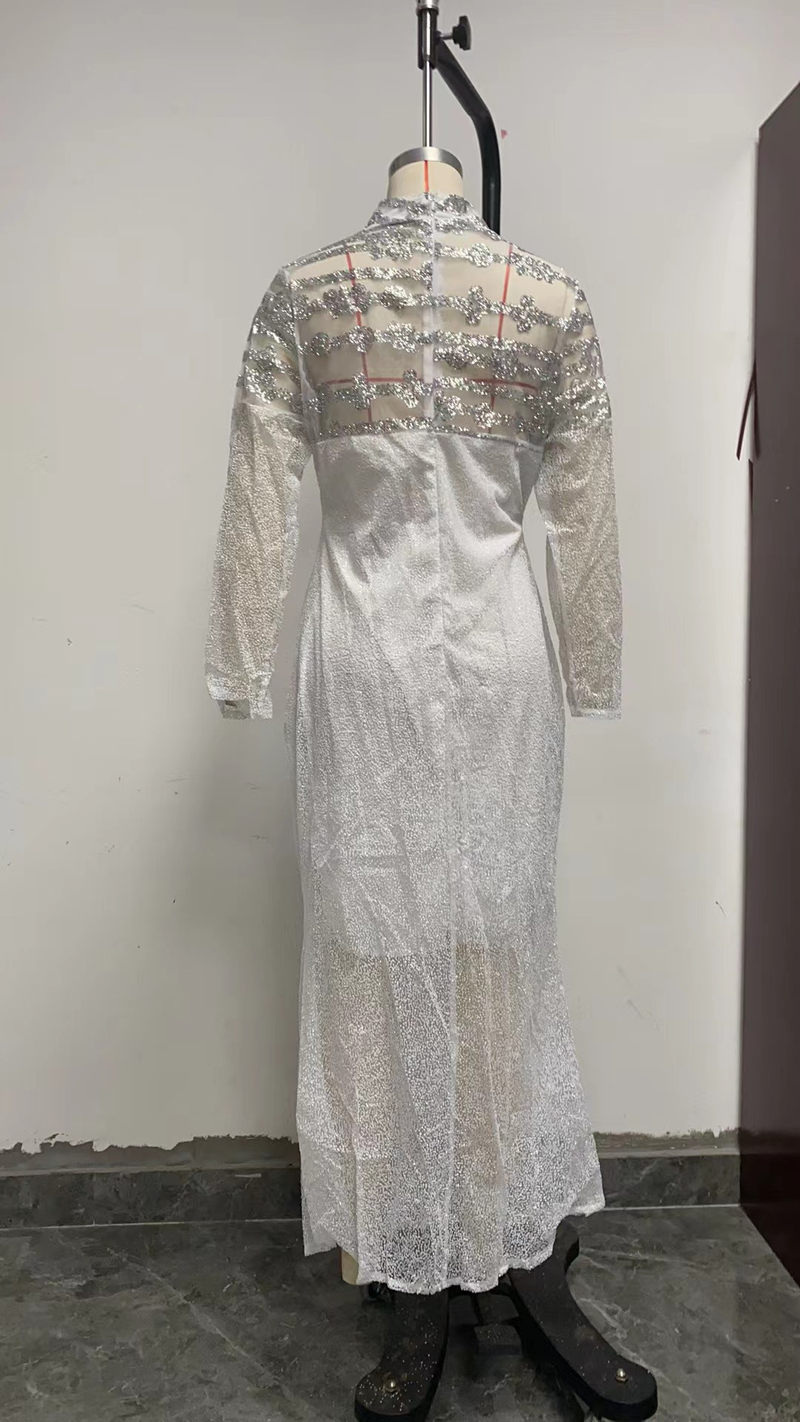 Damenbekleidung Rundhals Slim Fit Temperament S-förmiges Pailletten Sexy Hüftwickelkleid_voghion.com