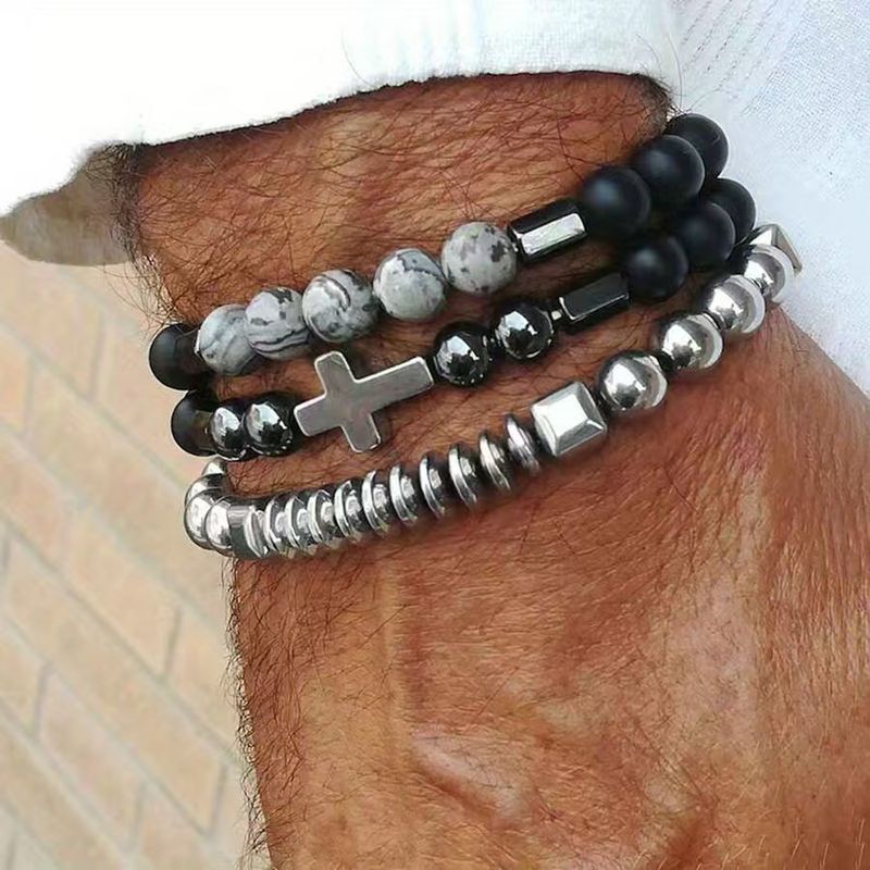 UFO Disc Cross Black Gallstone Beaded Map Stone Elastic Cord Bracelet_voghion.com