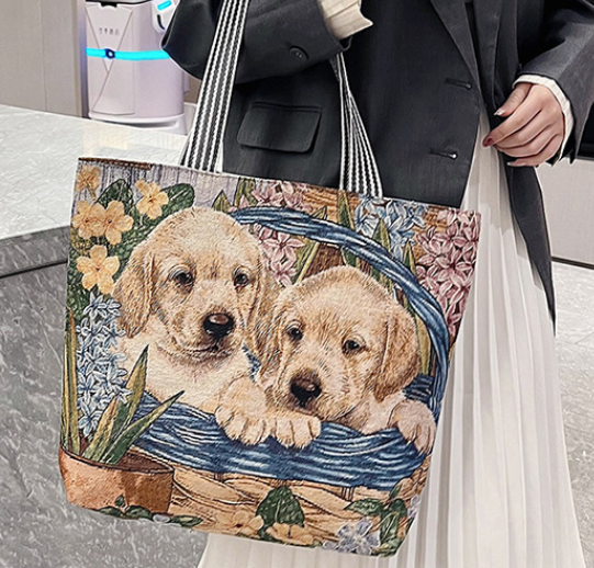 Gloednieuwe, geborduurde canvas enkele schouder modieuze schattige Kitty Dog eenvoudige damestas met grote capaciteit_voghion.com