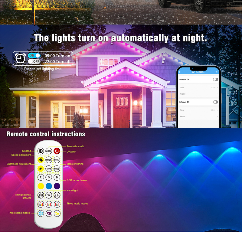 Bluetooth-LED-Lichterketten – wasserdichte Weihnachtsbeleuchtung für den Außenbereich für Dach und Dachtraufe, 16 Millionen Farben mit Musiksynchronisation und APP-Steuerung_voghion.com