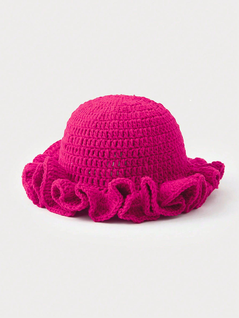 Solid Color Hand Woven Knitted Hat Bohemian Style Hollowed Out Pleated Hat, Bamboo Hat, Ruffled Edge Pullover Hat_voghion.com