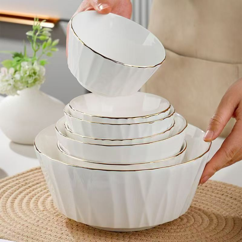 Keramische huishoudelijke hoge esthetische Scandinavische rijstkom Nieuw in soepkom Goudkleurige rand Serviesgoed Eenvoudige en luxe eetkom_voghion.com