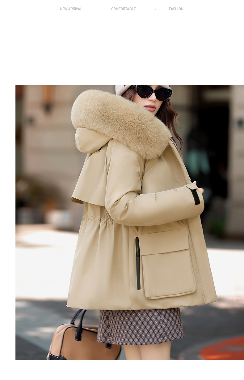 Women's Parka Coat With Detachable Rabbit Fur Hood, Waist-Belted Winter Jacket, Thickened Polyester Shell & Down Cotton Filling For Casual & Office_voghion.com