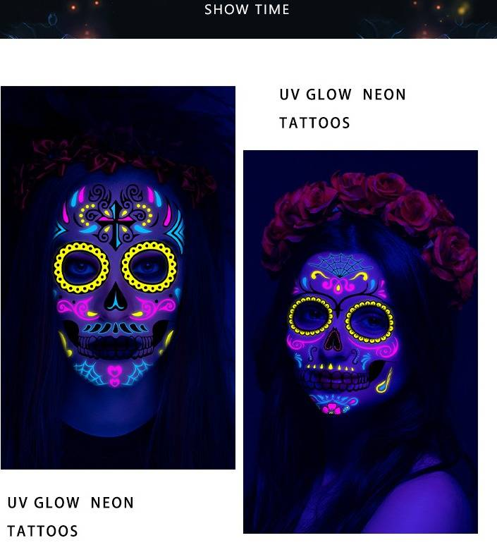 Halloween Temporary Tattoos Stickers - Glow In The Dark Day Of The Dead Face & Body Art For Party, Scary Makeup, Costume Accessories (8-Piece Set)_voghion.com