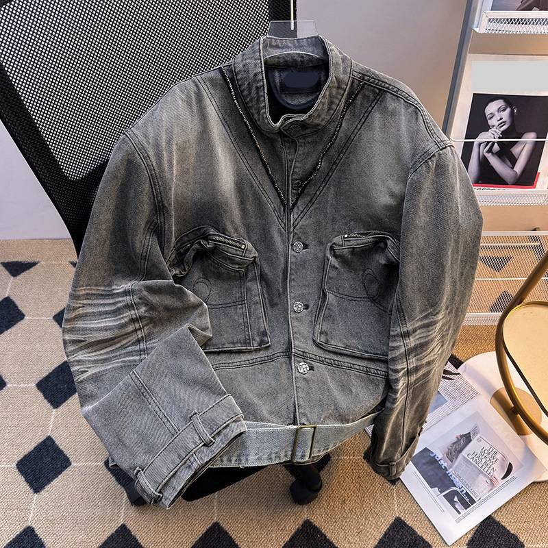 Herrenbekleidung Vintage-Jeansjacke im Washed-Look für Herren mit Gürtel und mehreren Taschen, Distressed-Schulterpolster, Retro-Kurzmantel, lässiger Blazer im amerikanischen Stil_voghion.com