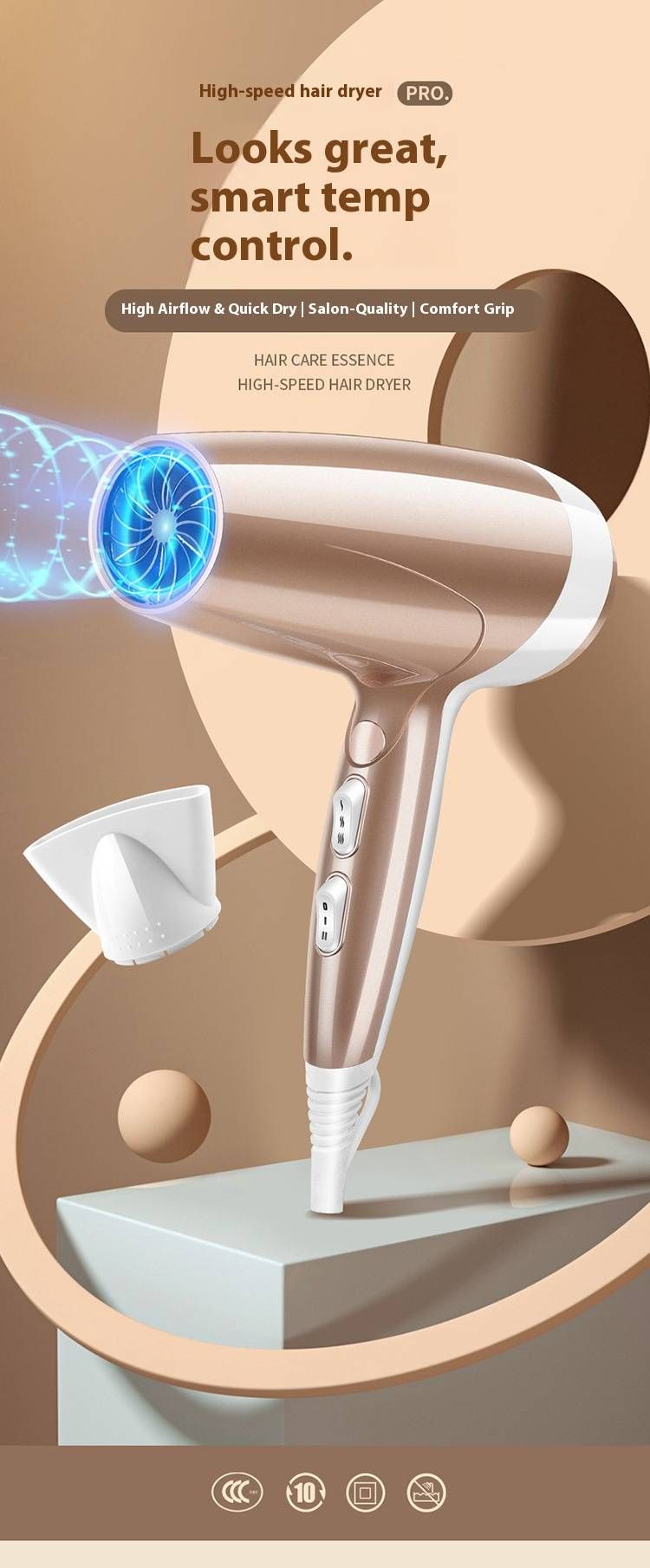 Professioneller Haartrockner – bürstenloser 2400-W-Motor, Negativ-Ionen und Kaltluftfunktion, 3 Geschwindigkeitsstufen (Pink/Grau/Weiß)_voghion.com