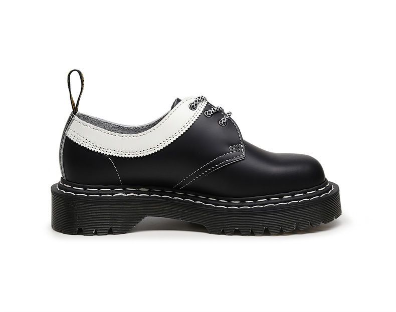 Scarpe Martin a 3 fori con suola spessa e scollatura bassa in vera pelle, doppia linea, nere e bianche, casual, da studente, suola in spugna_voghion.com