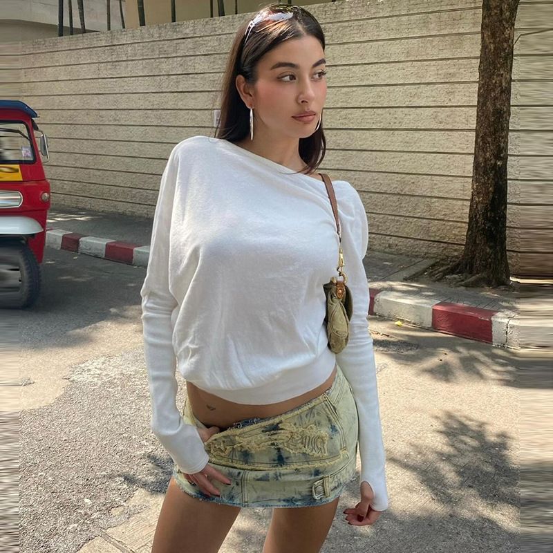 Damenbekleidung Schulterpullover T-Shirt für Frauen Lose Casual Slim All Match Tops_voghion.com