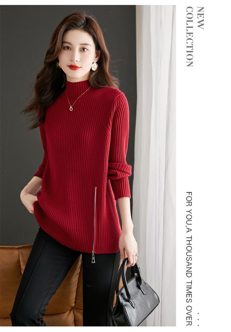 【 Família Cashmere 】 Suéter de gola alta semi-alta de outono de médio a longo com base de lã para mulheres, camada interna de malha solta e grossa_voghion.com