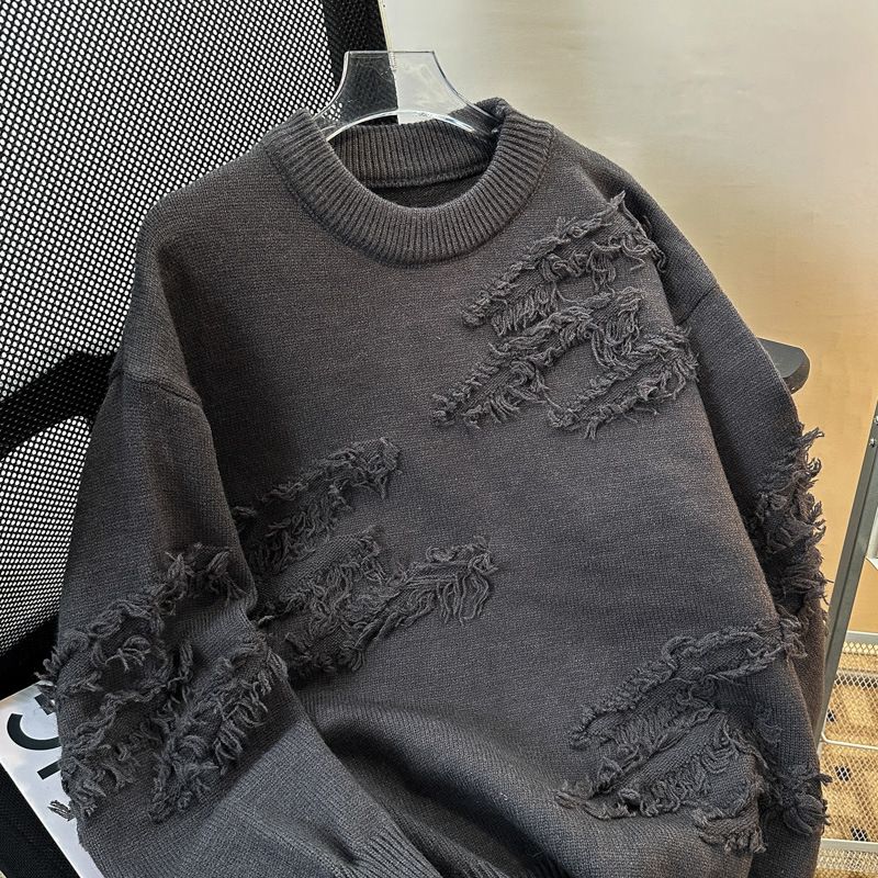 Men's Clothing Hole Pullover Sweater Loose Trend Retro Versatile Casual Hem Slit Knitted Sweater_voghion.com