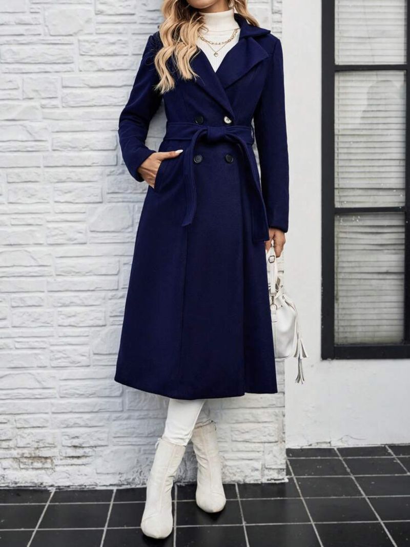 Nuovo stile, trench doppiopetto lungo da donna, con revers in lana e lacci_voghion.com