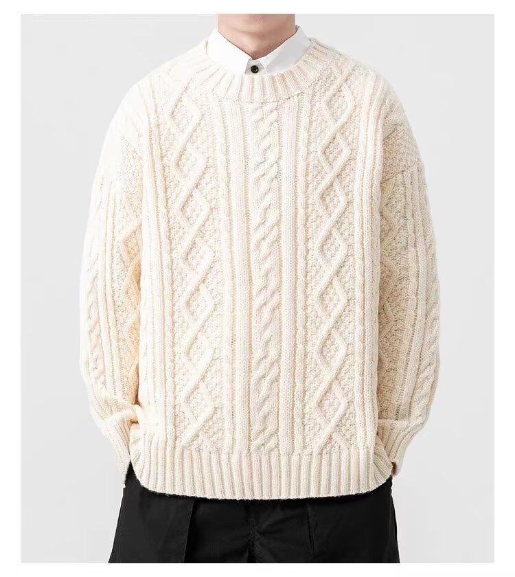 Męski sweter retro z dzianiny kablowej z długim rękawem, swobodny, z okrągłym dekoltem, luźny krój, jednolity kolor, moda zimowa_voghion.com