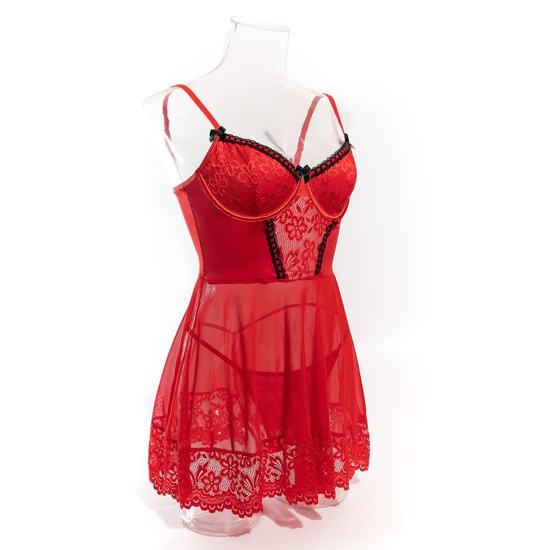 Lace Trimmed Chemise Set - 3-Piece Shapewear With G-String & Stockings_voghion.com