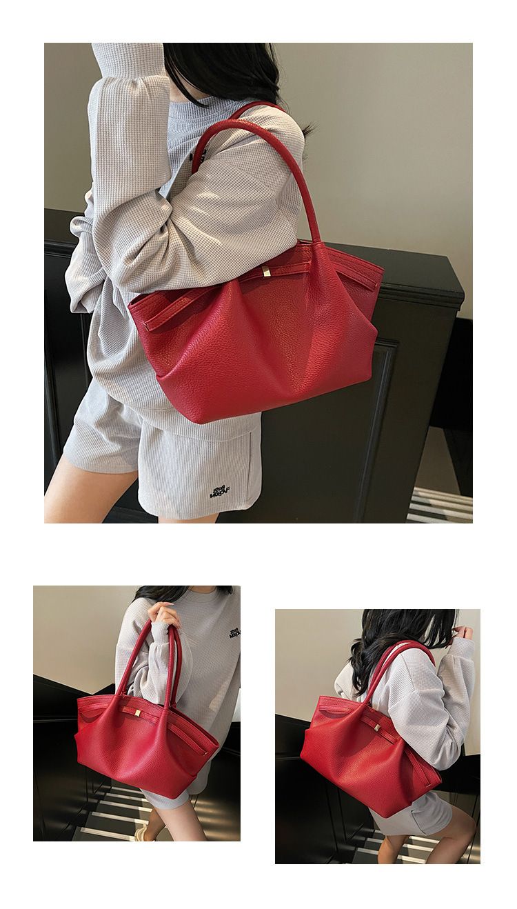 Women's Large Capacity Vintage Shoulder Bag - Stylish Folded Tote For Work & Daily Use, PU Leather With Zipper Closure, Black/White/Red/Brown/Khaki_voghion.com