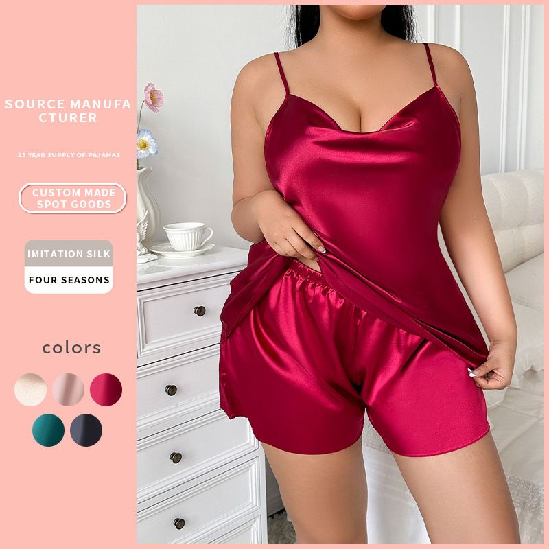 Plus Size Women's Casual Loose Homewear Set Camisole Shorts Loungewear Ice Silk Pajamas_voghion.com