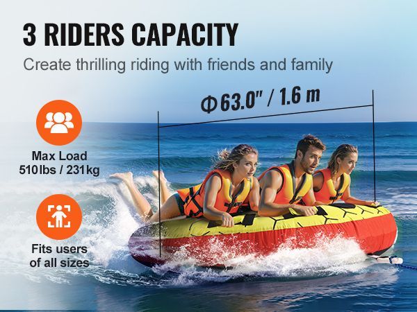 VEVOR Towable Tube For Boating, 1-3 Riders Inflatable Boat Tubes And Towables, 510 Lbs, 63" Round Water Sport Towable Tubes For Boats To Pull, Full Nylon Cover, EVA Grab Handles And Speed Safety Valve_voghion.com