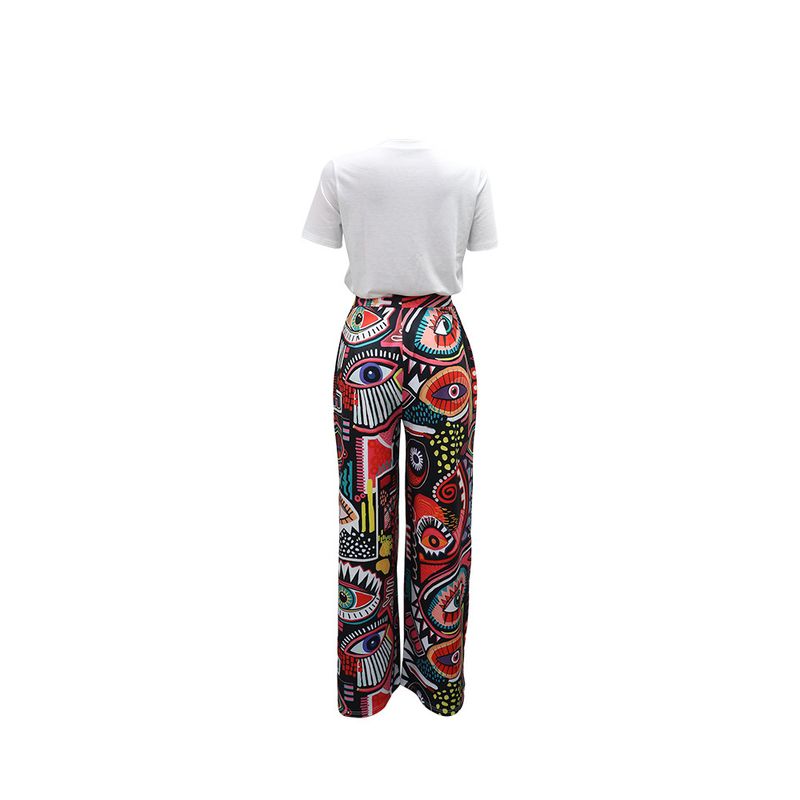 Abbigliamento da donna, completo due pezzi con stampa alla moda, scollo rotondo, top a maniche corte, pantaloni larghi e comodi, pantaloni a gamba larga_voghion.com