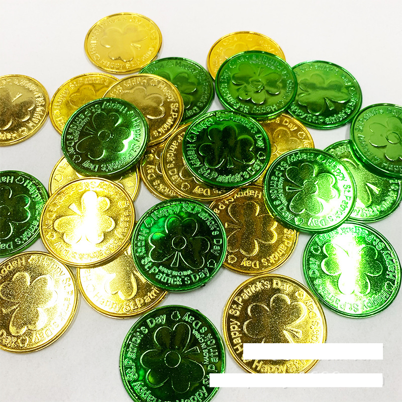 5/150pcs St. Patrick's Day Irish shamrock plastic gold coin game raffle chips toy coin props decoration_voghion.com