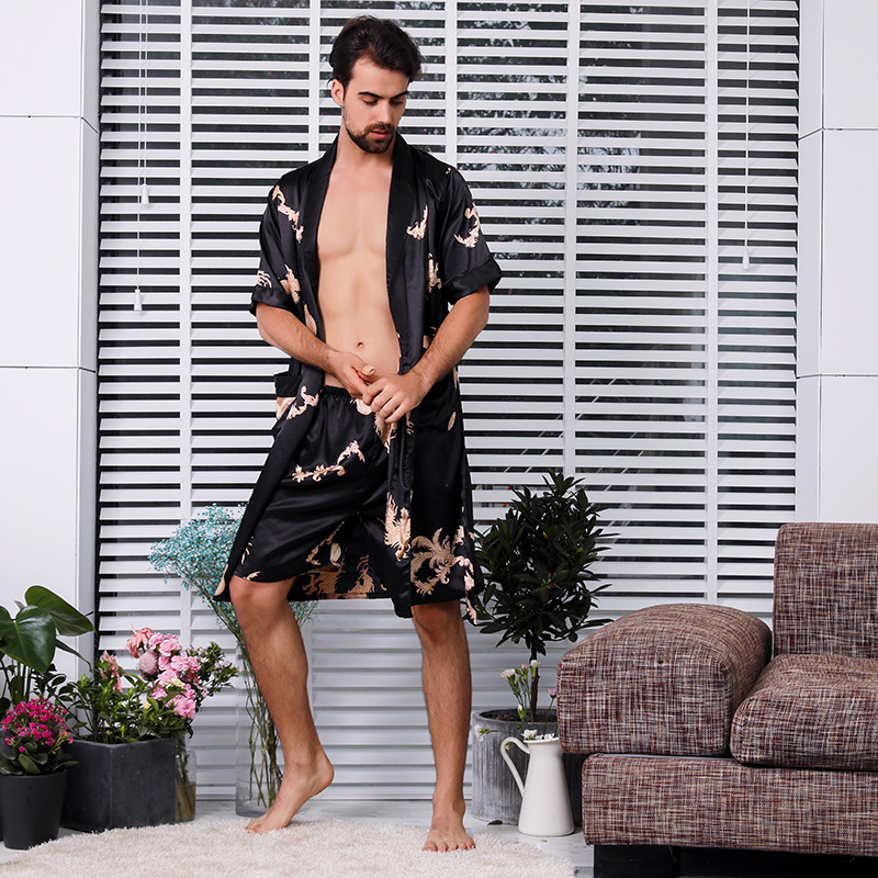 men's silk single-piece nightgown thin short-sleeved pajamas large size bathrobe _voghion.com