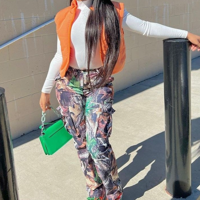 Îmbrăcăminte pentru femei toamna și iarna nouă modă frunze imprimare dreaptă talie înaltă buzunar multicolor salopetă_voghion.com