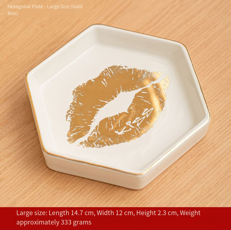 Home Decoration Hexagonal Ceramic Tray Fruit Tray Jewelry Tray Gold Edge Text Pattern Jewelry Storage_voghion.com