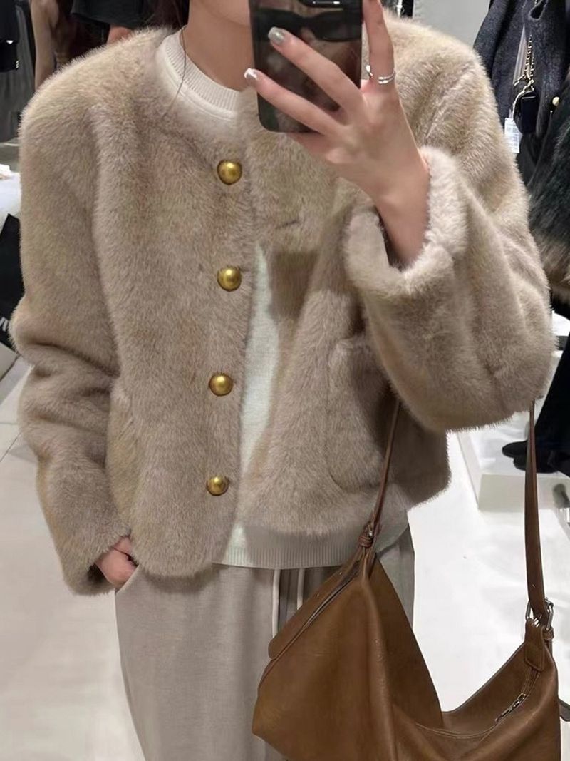 Sinaisha Faux Mink Cropped Jacket – Elegant Short Coat With Gold Buttons (S-L, Beige/Grey)_voghion.com