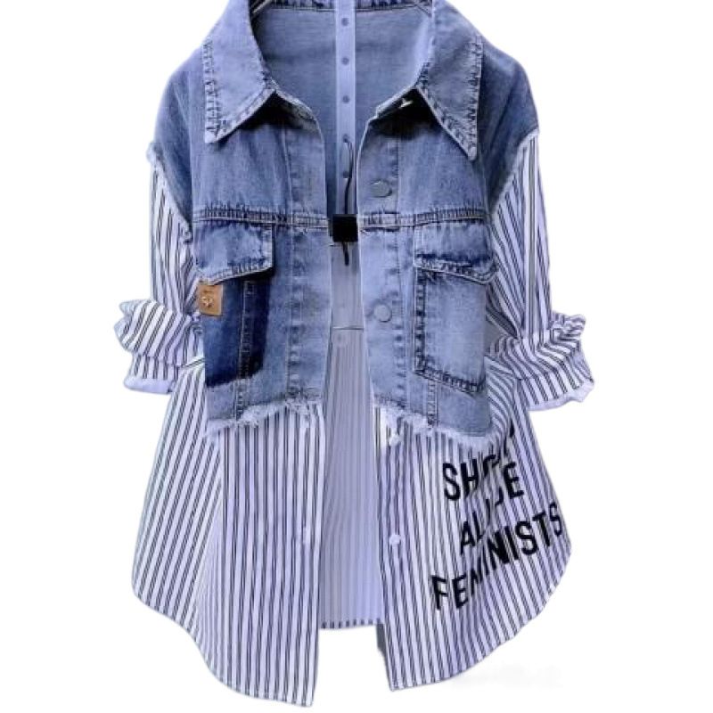 Modisches zweifarbiges Jeanshemd für Damen – Stylischer Lagenlook mit gestreiftem & weißem Kontrastdesign – Lässige Langarmbluse fürs Büro_voghion.com