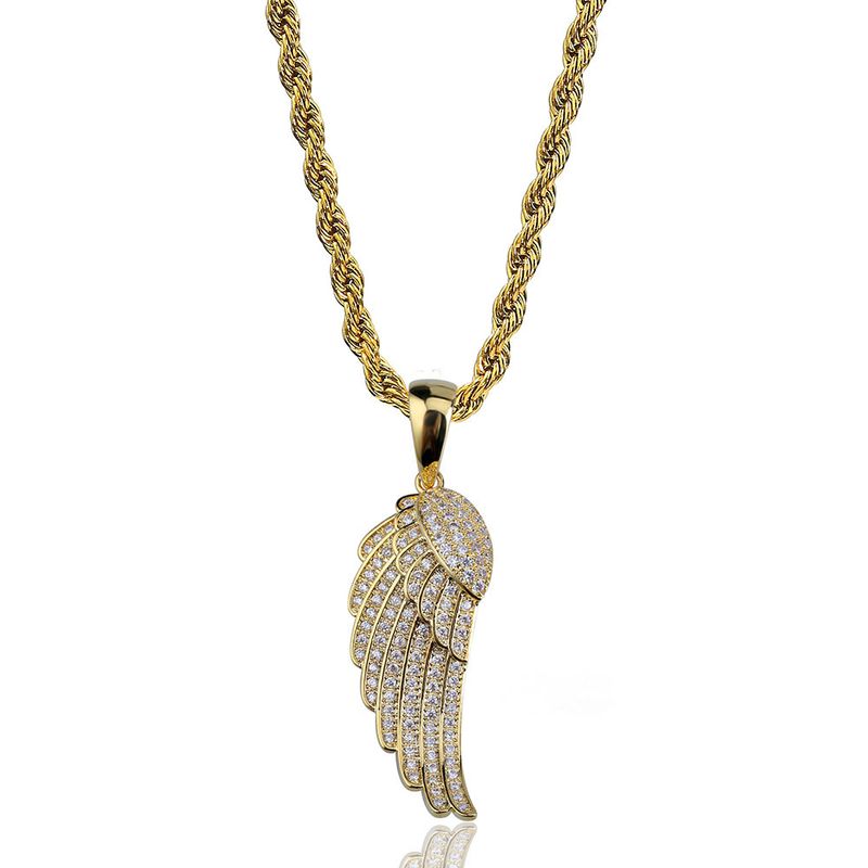 Men's Jewelry Hip Hop Feather Pendant Necklace With Micro-Pave Zirconia And Gold Plating, 24-Inch Twist Chain, Unisex Design_voghion.com