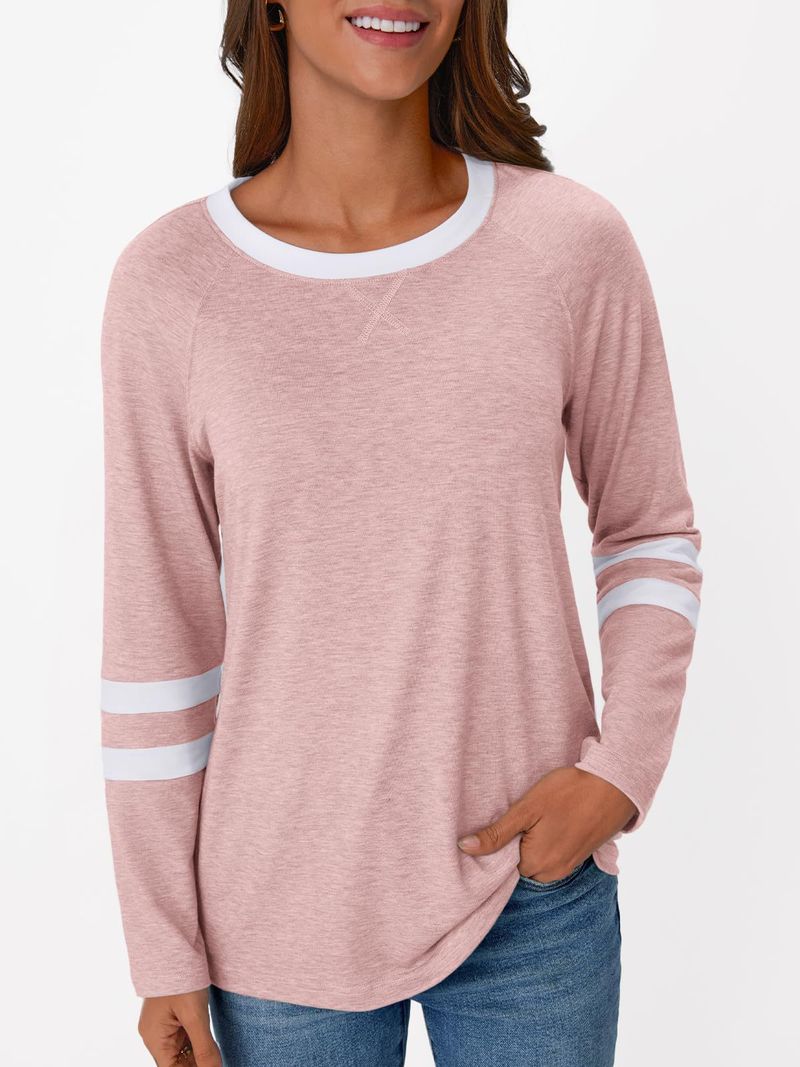 2025 Basic Shirt Color-Block Long Sleeve T-Shirt Loose Round Neck Top Women's Autumn Fashion_voghion.com