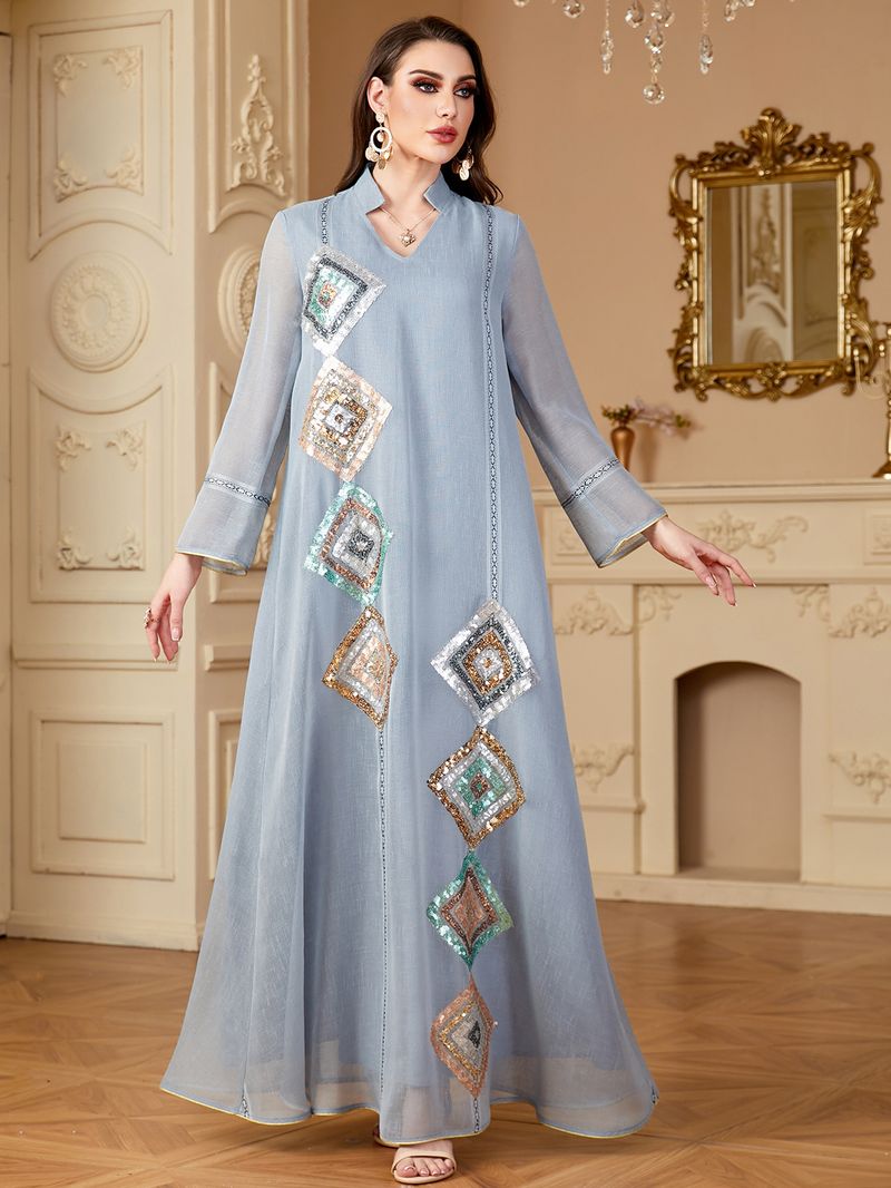 Women's Clothing Muslim Middle East Sleeved Abaya Sequined Long Skirt Saudi Arabia Dubai Dress_voghion.com