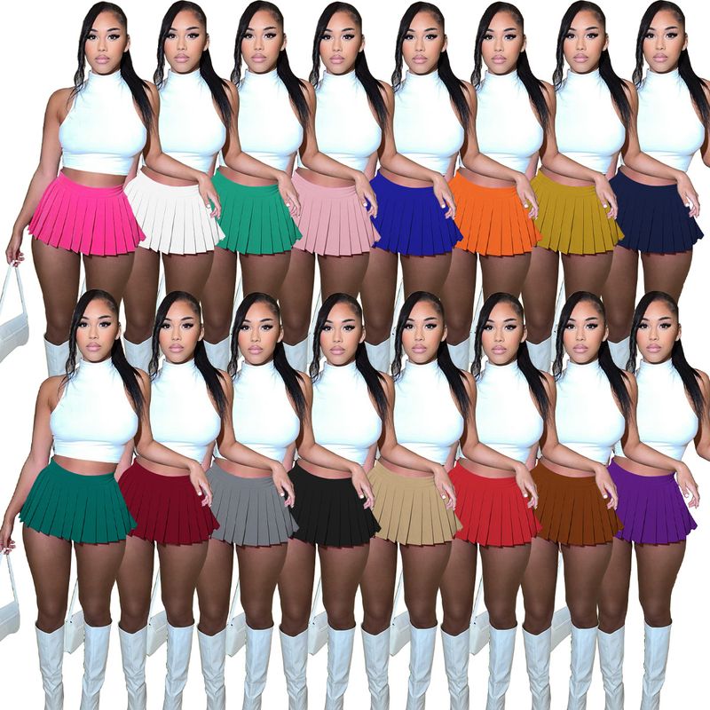 AD1356 Women's 2022 Summer Fashion Solid Color T-shirt Pleated Short Skirt Two-piece Set_voghion.com