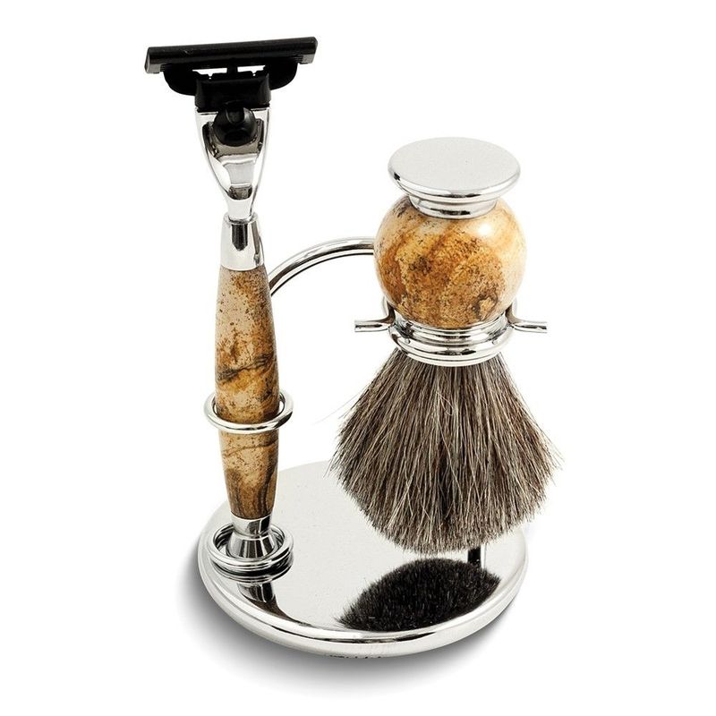 Chrome-plated Tan Stone Accent Mach 3 Razor And Badger Brush Shaving Set With Stand_voghion.com