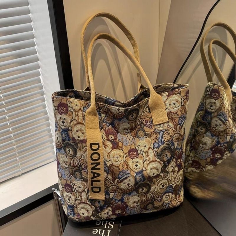 Bear Embroidered Canvas Women 2025 New Casual Tote Bag Single Shoulder Large Capacity For Class And Commute_voghion.com